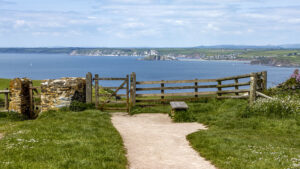 A landscape with a flat path laeding to a gate and fence in the foreground and coastal views across the sea and cliffs in the background.