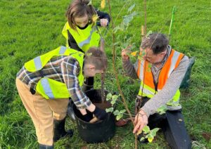 Two children and an adult planting a tree together, which is currently in a pot. they are pulling it out of the pot, ready to go into the ground.