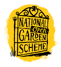 National Garden Scheme Logo - a gate illustration on a yellow background