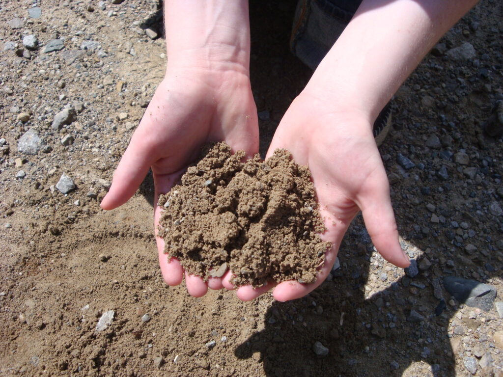 A pair of hands hold brown soil.