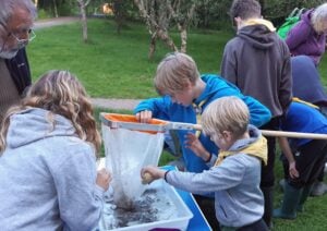 Children dipping a net into a pool with adult volunteers