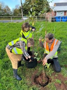 Two children and an adult, all in high-vis, are low to the ground topping up soil around a freshly planted young tree with green leaves. They are in a field with buildings in the background.
